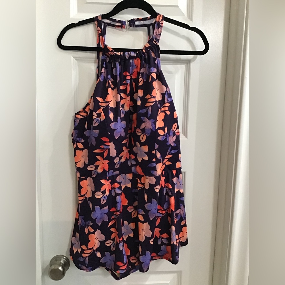 NWOT Denim & Co. Beach H-Back Halter Swim Dress | Dark Purple Floral Plus 18W